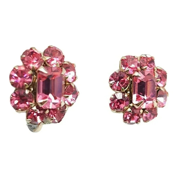 Pink Crystal Rhinestone Flower Earrings Spring Ring Closure Gold Tone Vintage - Picture 2 of 4